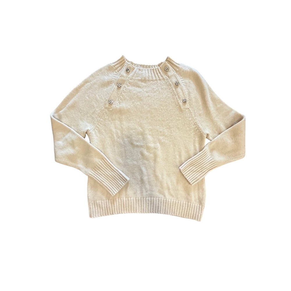 J.Crew‎ Ivory Lambswool Blend Sweater Rhinestone Button Preppy Quiet Luxury L